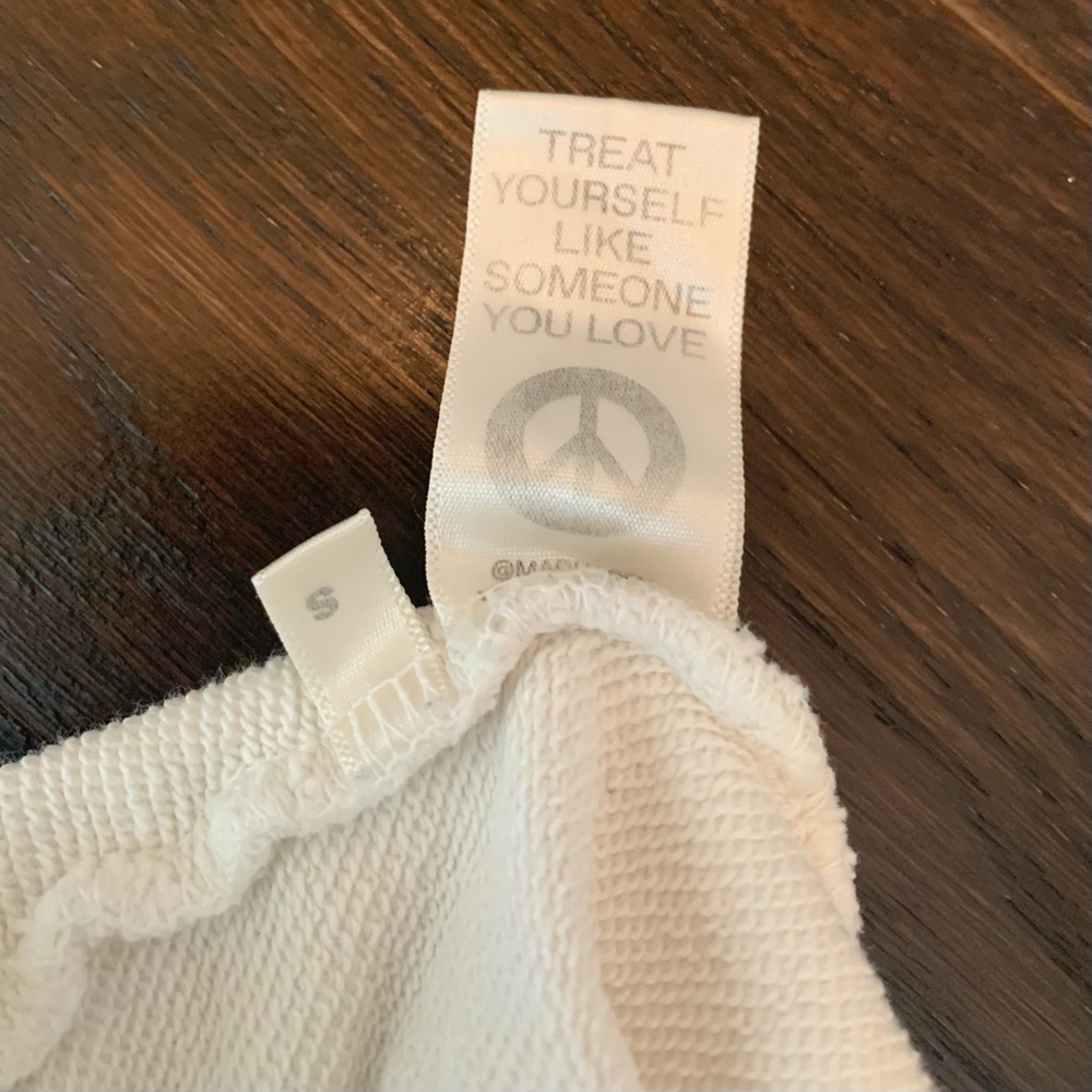 Mad Happy White Hoodie w/Red in front & multicolored on Sleeve. Small - Picture 4 of 4